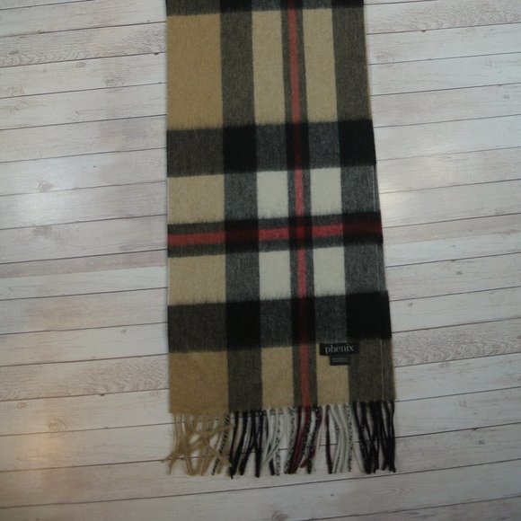 Phenix  PLAID PRINT CASHMERE FRINGE TRIM SCARF  #153 - Picture 2 of 3